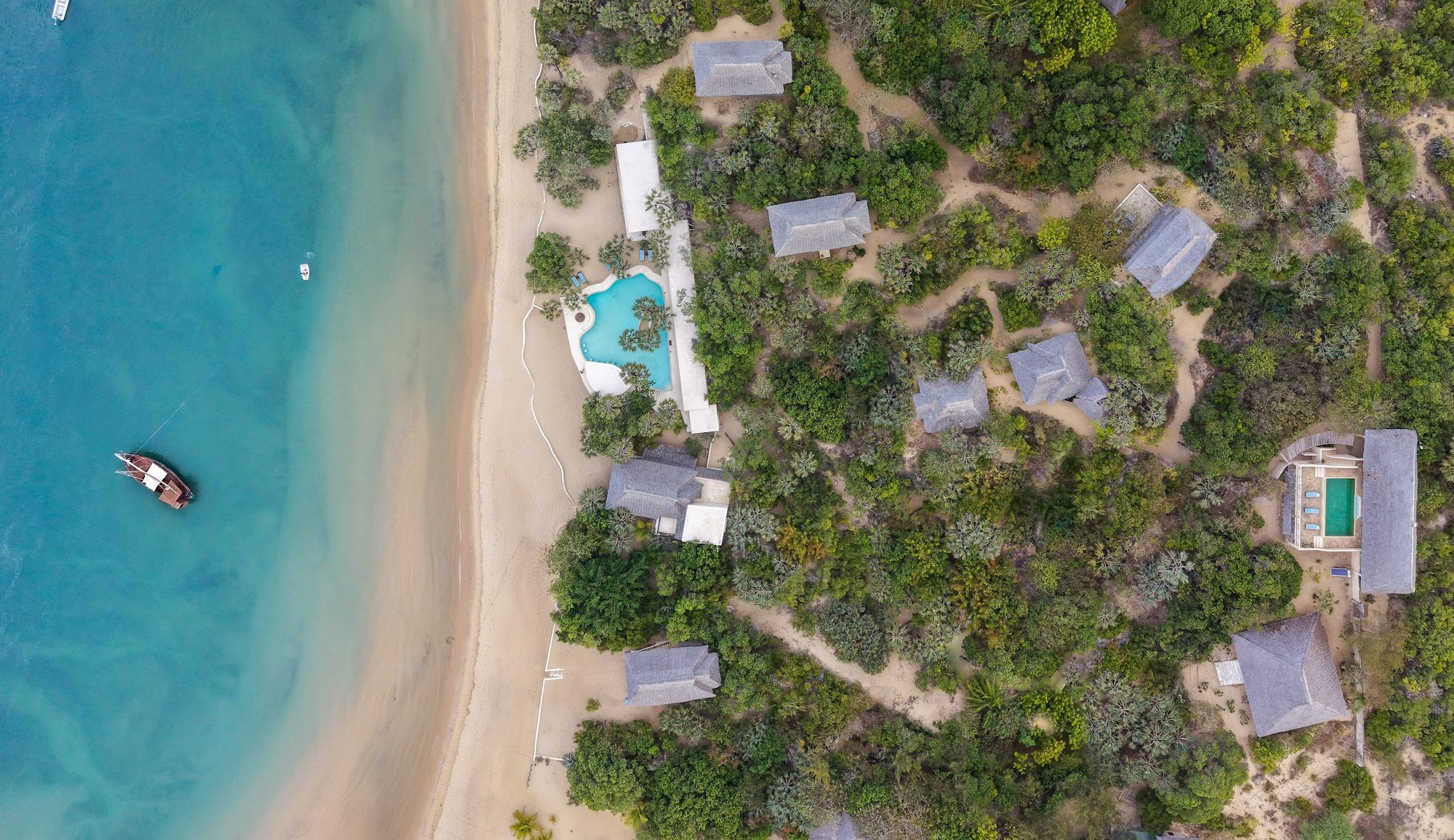 Hammock strung between palm trees over the swimming pool at The Cabanas Lamu