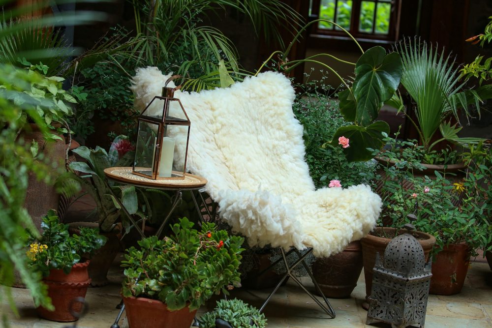 A butterfly chair softened by an oversized sheepskin throw, lantern lit beside it in a courtyard