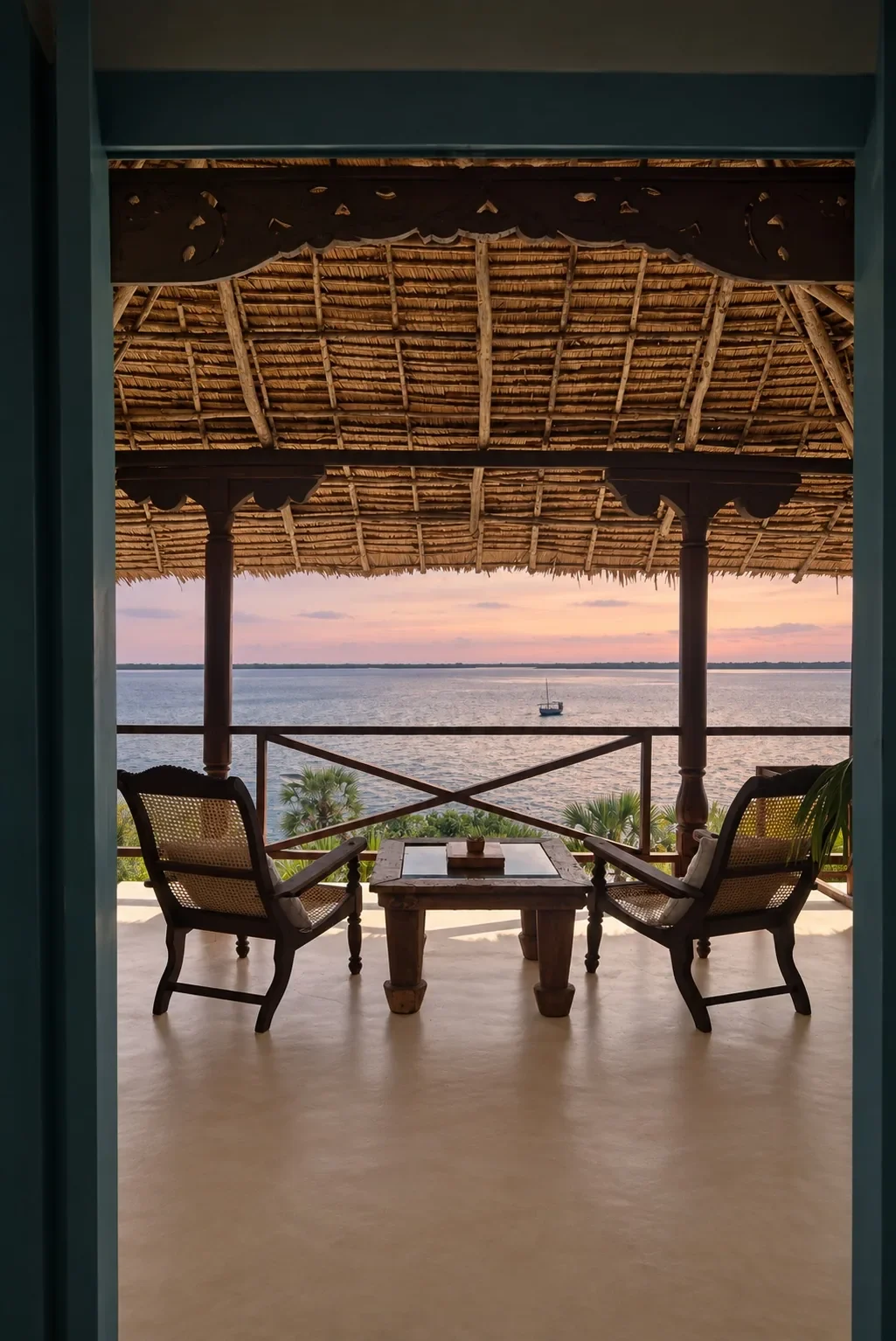 Through Moana's blue door to the upstairs verandah and a dhow at sunset