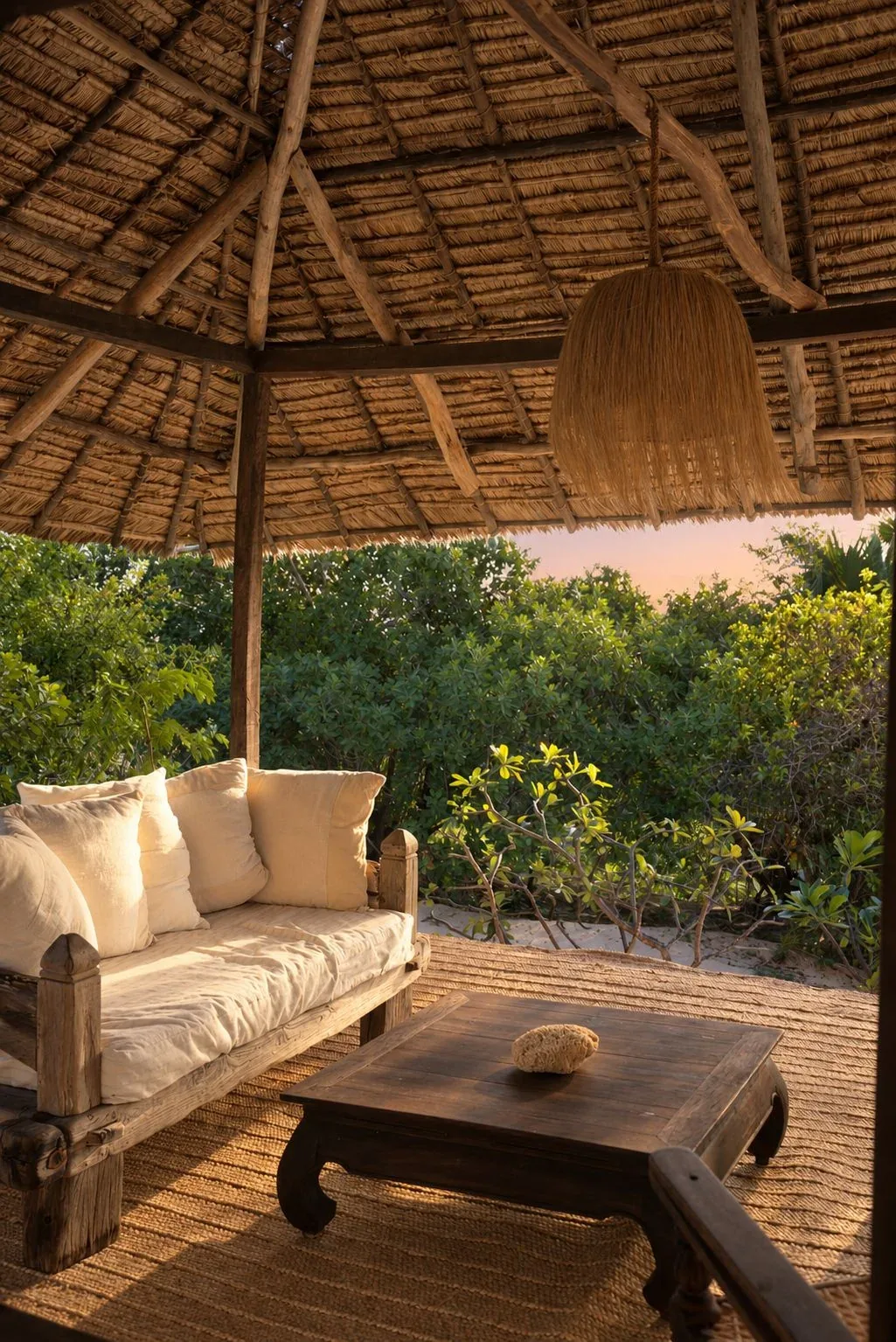ʻOhana cabana, daybed and coffee table under the makuti thatch