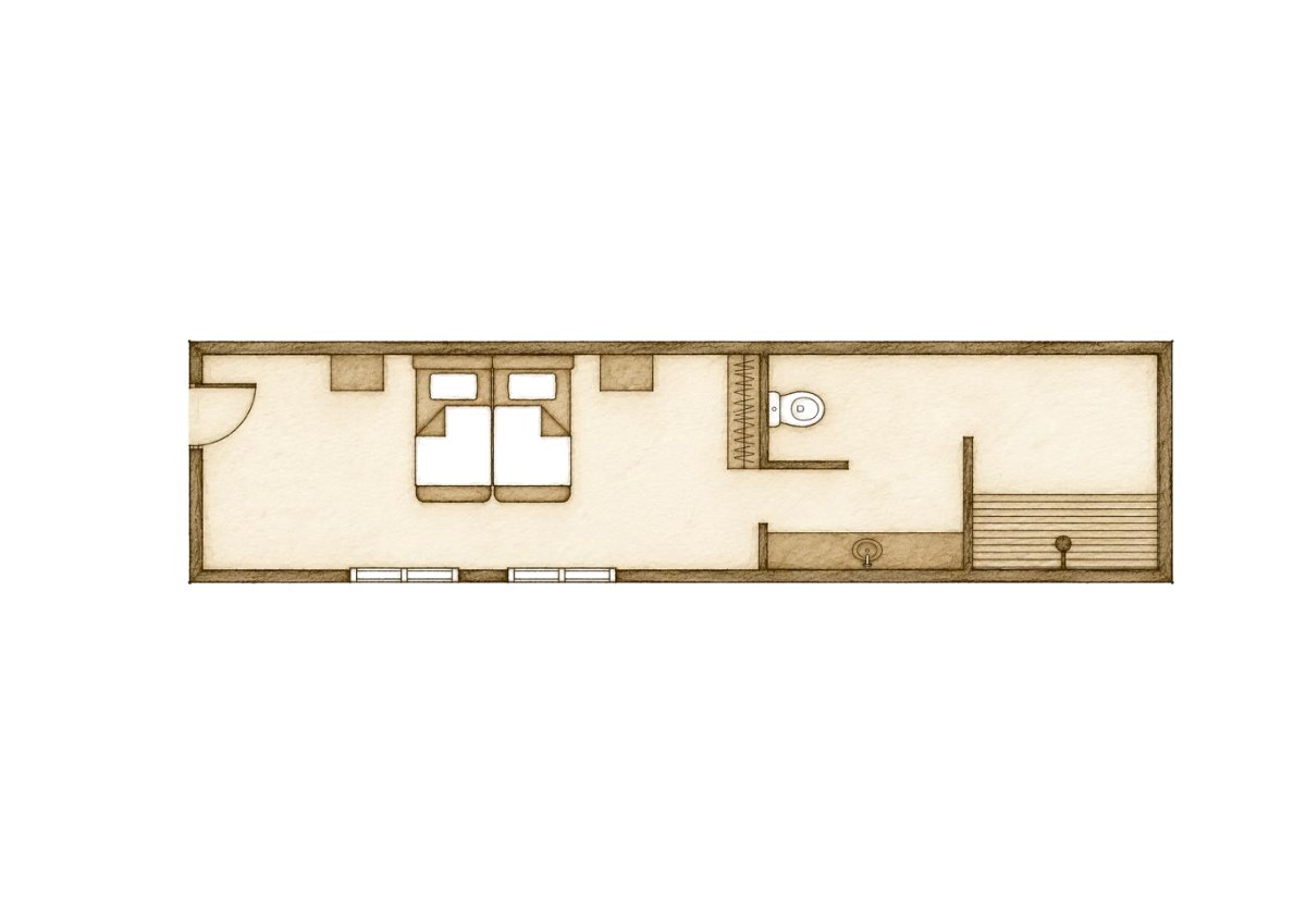 Kailani cabana floor plan, ground floor bedroom with twin beds and ensuite shower